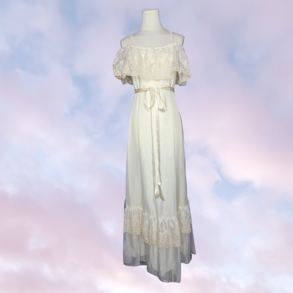 Vtg Union Made Ivory Lace Off Shoulder Prairie Cottage Wedding Maxi Dress Size 7